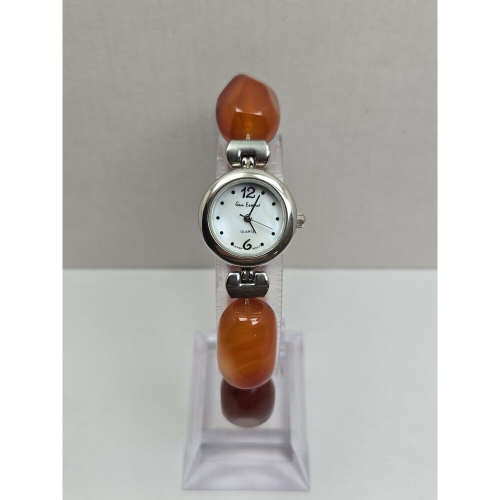 Gem Essence Womens Orange Carnelian Agate Bead Bracelet Quartz Watch New Battery